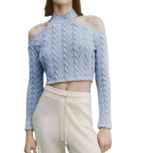 ZARA Light Blue Cold Shoulder Knit Cropped Sweater - Picture 1 of 4